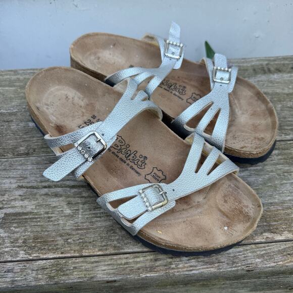 Birkenstock Birki's Silver Moorea Granada Two Strap Bling Slide Sandals 39 L8 M6 - Picture 1 of 8